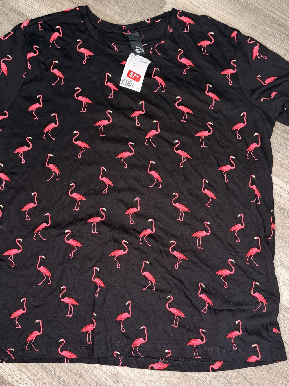 H&M Black Short-Sleeve Tee with Pink Flamingo Pattern